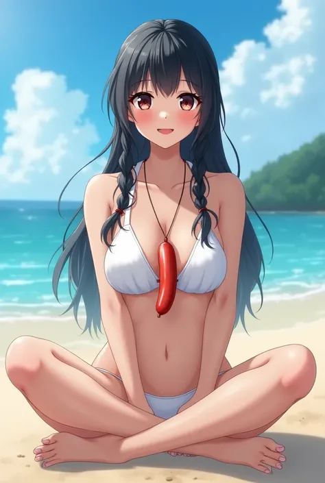 One girl, High resolution, Blushing, Black Hair,  Side braids, Large Breasts, smile, Thick eyebrows,blue sky,Beach,White micro bikini,Place the Vienna sausage vertically between the breasts.,Japanese Beautiful Girl,Sitting cross-legged,photograph,live-acti...