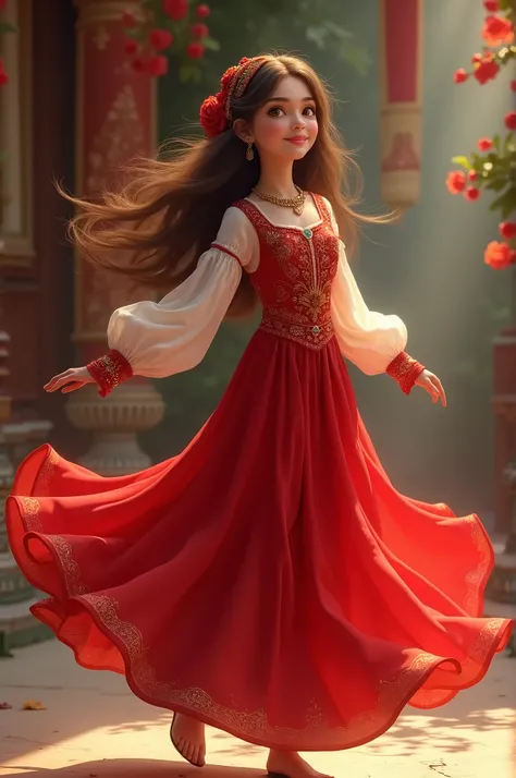 beautiful girl in red dress with long hair and brown eyes dancing and wearing armenian clothes 