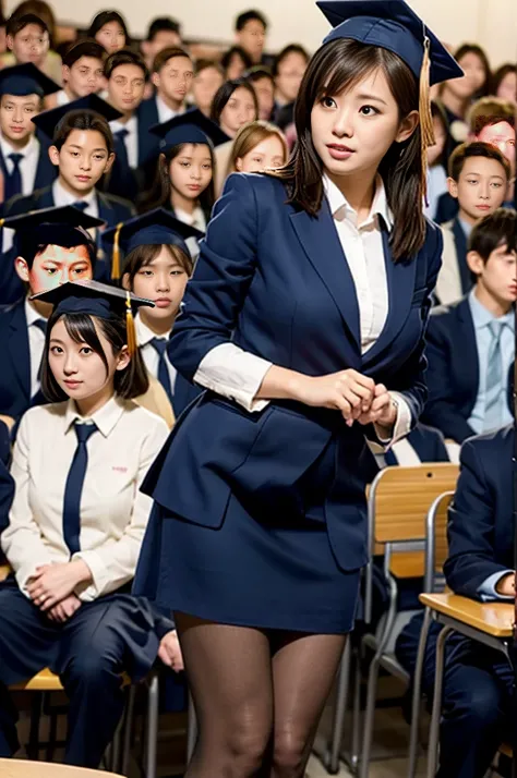 Female teacher pees、Female teacher urinates at graduation ceremony、Peeing、Huge amount of pee incontinence、Pissing、From below、Gazing at the audience、Black Suit、Black Skirt、White panties、pantyhose、High heels、Perfect figure、so beautiful、Japanese elementary sc...