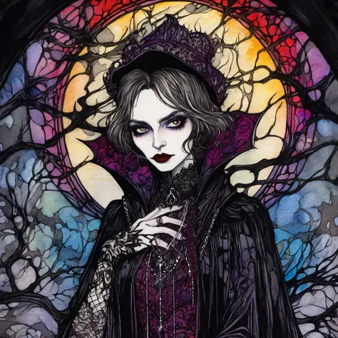 a woman in cashmere, gothic art style, highly detailed, gothic art, Arthur Rackham, gothic vampire, gothic illustration, vivid pen and ink drawing, combined with watercolor, gothic portrait, unreal engine, intricate, Whimsical contrast, colorful lighting,