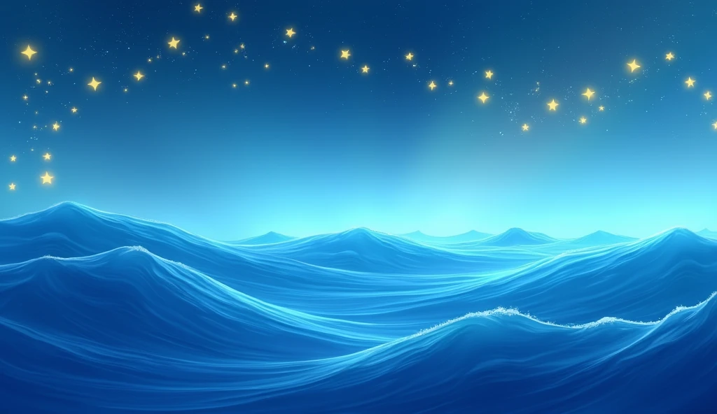 create an illustration with blue waves in the background, and scattered yellow stars 