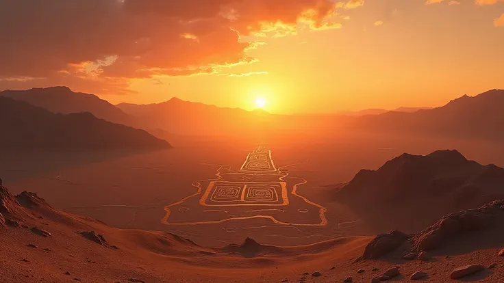 Panoramic view of the Nazca desert during a mystical sunset, with several geoglyphs such as the monkey and geometric figures that extend into the distance. The atmosphere is enigmatic and captures the loneliness of the landscape.."  