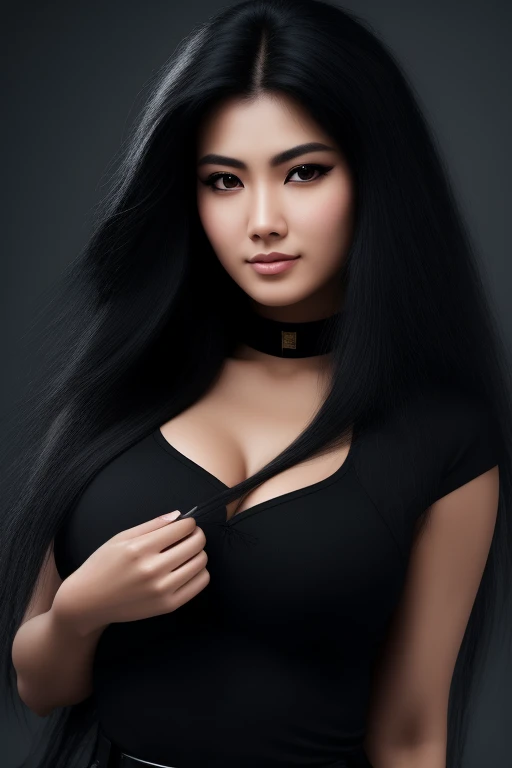 most very jet black hair , very long hair, very wolf hair, thick hair,fluffy hair,most very heavy-weight hairstyle,most very stiff hair,most very voluminous hair,female jail officer,black uniform,black pants,1 Japanese woman,most very mocking face,most ver...