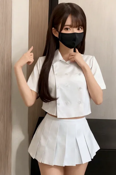 Gravure idol pose　Hotel　bed　uniform　White shirt　High image quality　Not too small bust　Black Mini Skirt　Shorten your skirt 　Beautiful legs　Beautiful Hair　Height: 157cm　Foreign-like face　　mask
