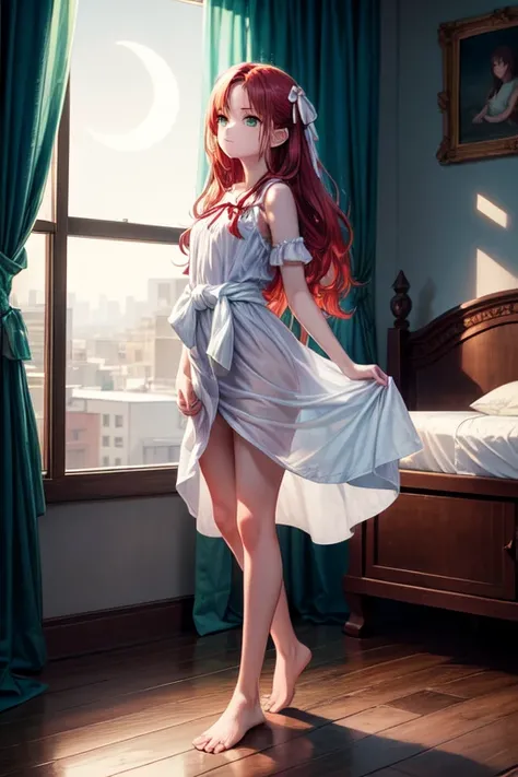  extremely beautiful eleven year old , long red hair , green eyes , white dress with a red ribbon tied at the waist , barefoot , in the room , Standing , legs open , HEAD ON , hands on waist , face turned to the right , full body , bedroom lights off , ope...