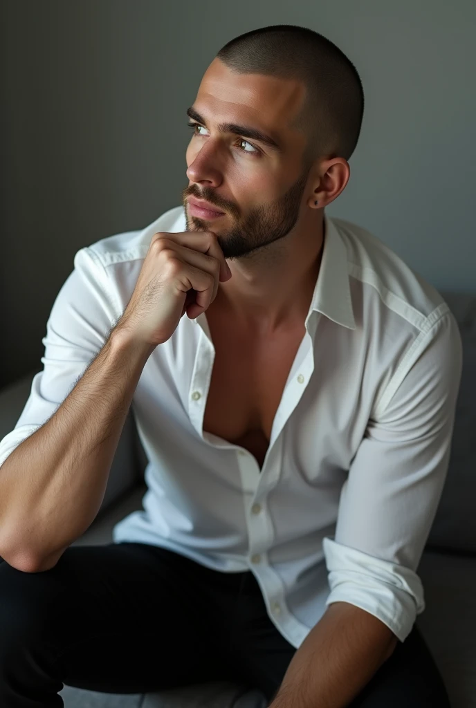 Caucasian man in white shirt and black pants sitting on a couch in a gray room, Sitting relaxed, Her hand touching her right leg and the other hand closed under her chin with a seductive look and opening her mouth slightly and smiling sideways without open...