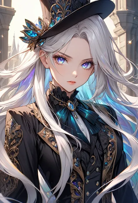 High quality, detailed, young girl, fantasy setting, white hair with Crystal like look, Iridescent highlights, Sparkling hair, crystal like eyes, Iridescent eyes, long lashes, shinning eyes, Beautiful eyes, detailed eyes, beautiful girl, intense gaze, allu...