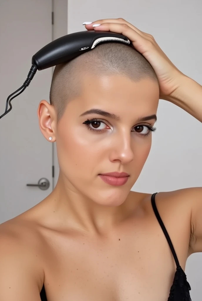 Make a pic of girl shaving her head smoothly shaved and she is wearing a bra make the hands of girls shaving her head with trimmer the girls is having no hair
