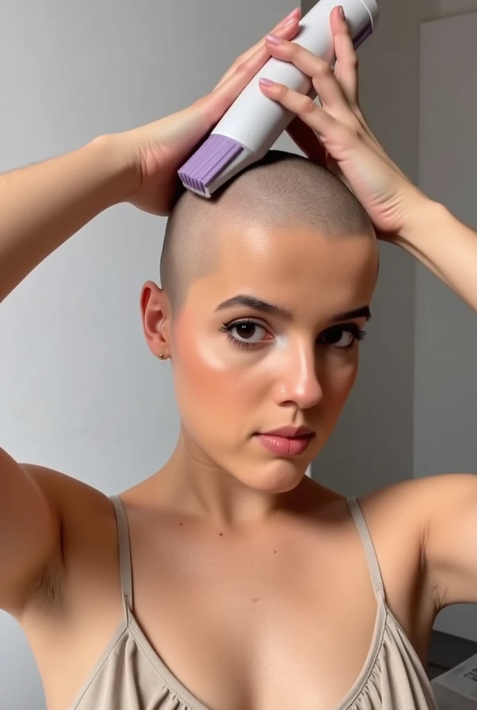 Make a pic of girl shaving her head smoothly shaved and she is wearing a bra make the hands of girls shaving her head with trimmer the girls is having no hair
