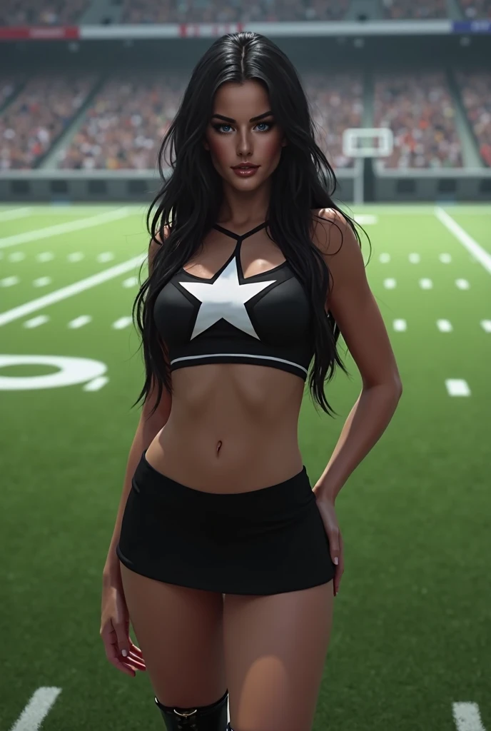 Create a very sensual cheerleader using a black skirt with a generous cut showing off her legs, and a very open black blouse showing her breasts merging with the beauty of the moment, the blouse has a white star on the shield, she has long black hair, is w...