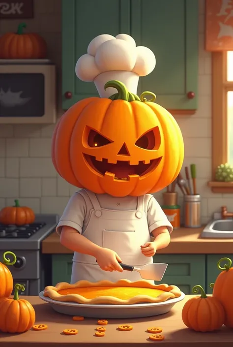 A baker wearing an apron and a pumpkin head with a chef&#39;s hat, holding a spatula, in a kitchen, making a pumpkin pie, with Halloween elements and colors around.