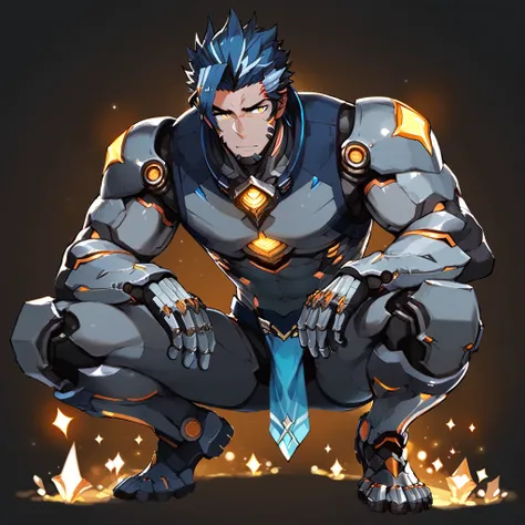 score_9, score_8_up, score_7_up, score_6_up, rating explicit, focus male, source anime, Humanoid, robot, robot boy, blue hair, yellow eyes, suspicious, gray skin, metal skin, crystals, full body, dark style, cute month, sketch, male only, manly, amazing qu...