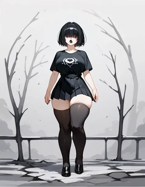 1girl,goth, fair skin, hair bangs covering her eyes, no eyes showing, black lipstick, short bob hairstyle, large breasts,c, slim waist, massive thighs, thick thighs, wide hips, wearing a small tight black t shirt, black pleated microskirt, black thigh high...