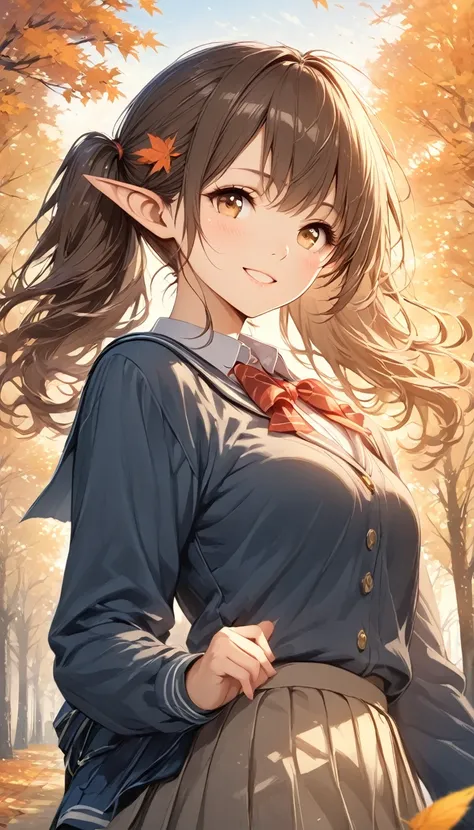 detailed textures, high quality, high resolution, high accuracy, Realism, color correction, correct lighting settings, harmonious composition. ((best quality)), ((masterpiece)), (detailed), 1Girl, sexual, elf, brown hair, two ponytails, wavy hair, pointed ...