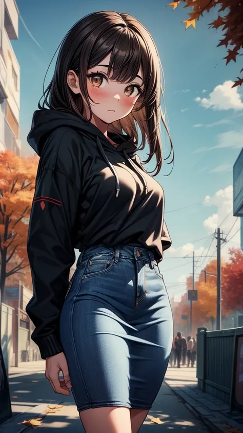 ((((masterpiece, best quality:1.8, high detail)))), (1girl), beautiful woman, lower body, bright brown eyes, shy, wide-eyed, blush, solo focus, long hair, ((dark brown hair)), ((blue hoodie)), ((black midi pencil ((skirt)))), ((long denim skirt)), slim bod...