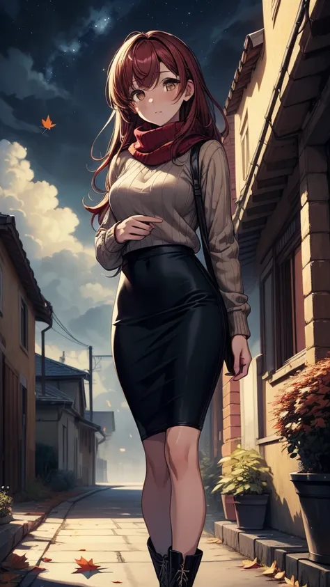 ((((masterpiece, best quality:1.8, high detail)))), (1girl), beautiful woman, bright brown eyes, shy, solo focus, long hair, ((dark red hair)), ((white sweater)), (scarf), ((black midi pencil ((skirt)))), ((long skirt)), boots, slim body, sidewalk, fall ga...