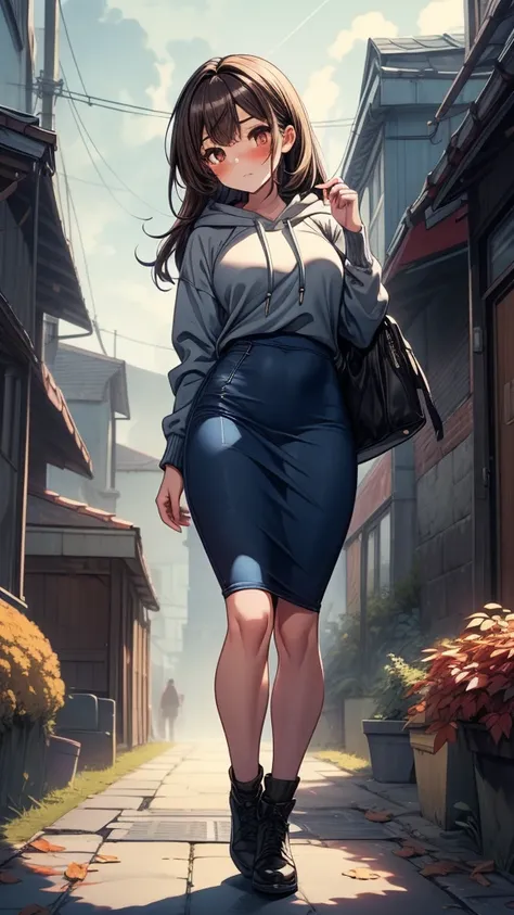 ((((masterpiece, best quality:1.8, high detail)))), (1girl), beautiful woman, lower body, bright brown eyes, shy, wide-eyed, blush, solo focus, long hair, ((dark brown hair)), ((blue hoodie)), ((black midi pencil ((skirt)))), ((long denim skirt)), slim bod...