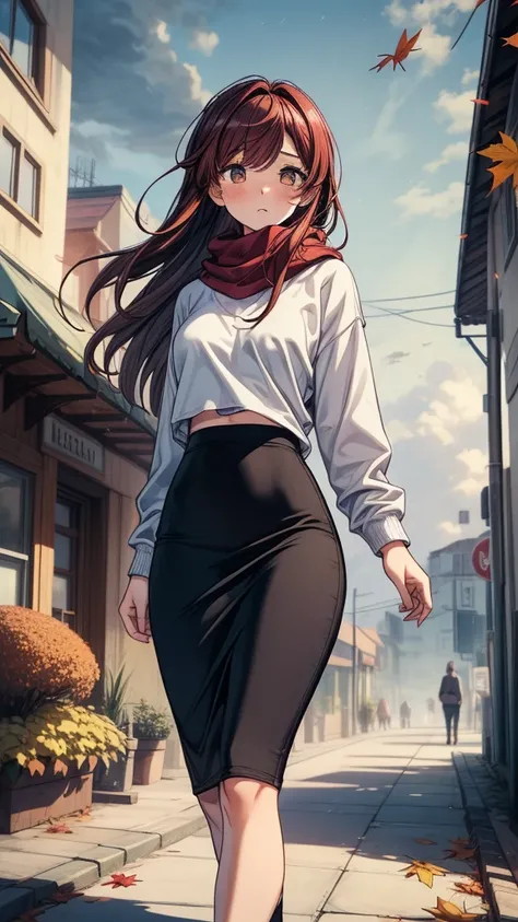 ((((masterpiece, best quality:1.8, high detail)))), (1girl), beautiful woman, lower body, bright brown eyes, shy, wide-eyed, blush, solo focus, long hair, ((dark red hair)), ((white sweatshirt)), (scarf), ((black midi pencil ((skirt)))), (long skirt), slim...