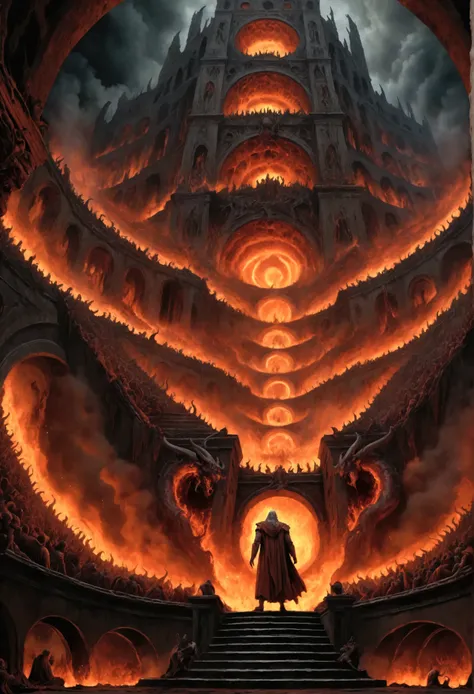 a detailed illustration of the nine circles of hell from dantes inferno, hyper-realistic, highly detailed, dark and ominous atmosphere, dramatic lighting, hellfire and brimstone, tortured souls, demons and monstrosities, intricate and complex architecture,...