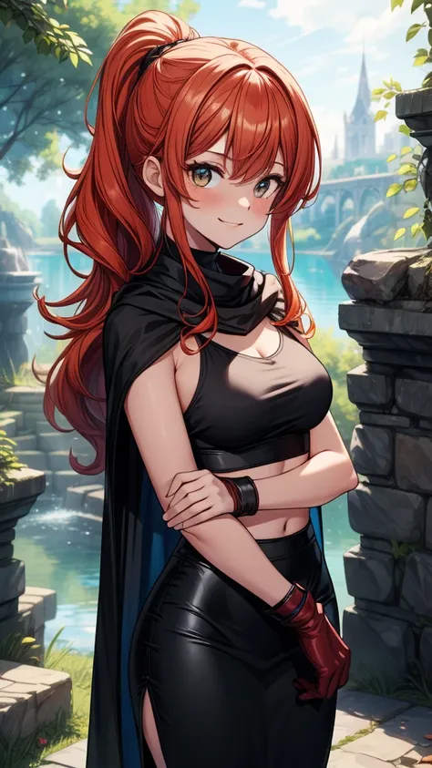 ((((masterpiece, best quality:1.8, high detail)))), 1girl, beautiful woman, long wavy hair, red orange hair, low ponytail, smug, ((small breasts)), (white sleeveless crop top), (black midi pencil ((skirt))), (long black skirt), (black cloak), cape, gloves,...