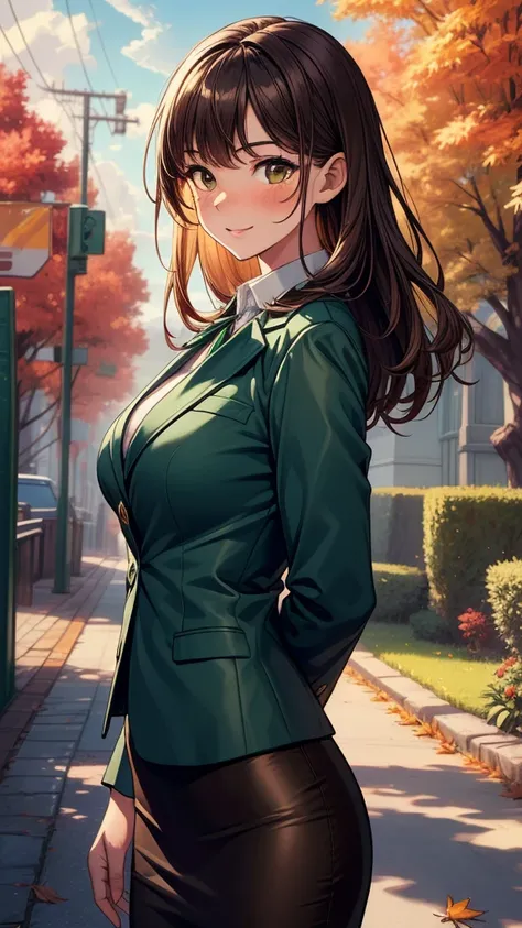 ((((masterpiece, best quality:1.8, high detail)))), (1girl), beautiful woman, smile, bright (brown eyes), large breasts, shy, wide-eyed, blush, solo focus, long hair, ((dark brown hair)), ((green blazer and white collar shirt)), (green blazer), tie, ((blac...