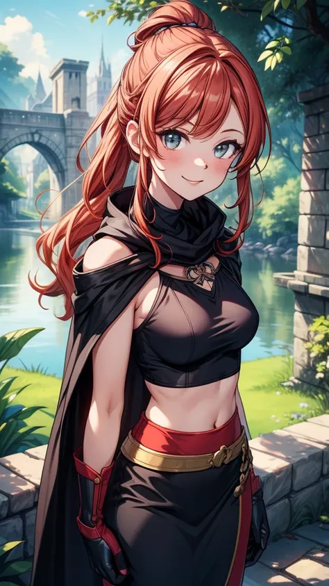 ((((masterpiece, best quality:1.8, high detail)))), 1girl, beautiful woman, long wavy hair, red orange hair, low ponytail, (hairpin), smug, ((small breasts)), (white sleeveless crop top), (black midi pencil (skirt)), (long black skirt), (black cloak), cape...