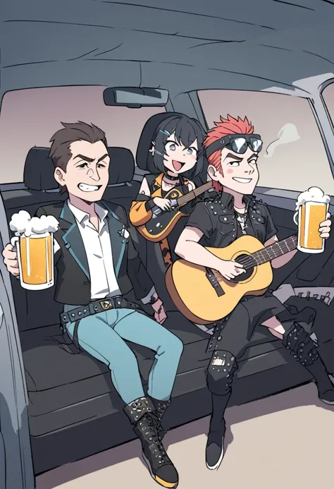 illustration, animation in the style of David Cherkassky, caricature, Shkdevr; Three old drunk punks in a car driving to a concert, funny, laugh, smoke and drink beer from bottles; dressed in punk fashion, paraphernalia, two punks in the front seats of the...