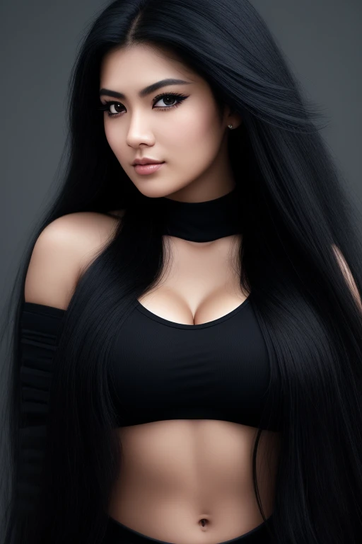 most very jet black hair , very long hair, very wolf hair, thick hair,fluffy hair,most very heavy-weight hairstyle,most very stiff hair,most very voluminous hair,female jail officer,black uniform,black pants,1 Japanese woman,most very mocking face,strict w...