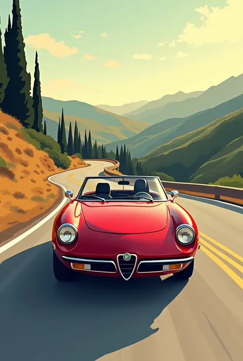 Very Simplistic vector art, realistic Alfa Romeo spider, serpentines, Italy, sunshine, driver as black silhouette, close-up 