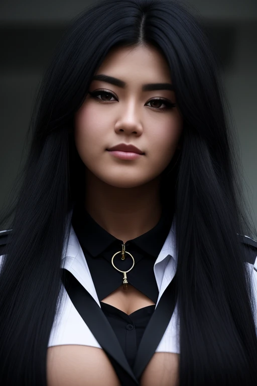 most very jet black hair , very long hair, very wolf hair, thick hair,fluffy hair,most very heavy-weight hairstyle,most very stiff hair,most very voluminous hair,female jail officer,black uniform,black pants,1 Japanese woman,most very mocking face,strict w...