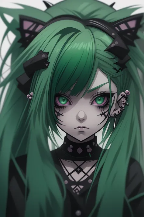 A close-up of a person with green hair and piercings., anime vibes, anime styled, 1  anime gothic girl, modern anime style, anime style portrait, inspired by anime, loish art style, gothic girl, Anime aesthetics, clean detailed anime style, very modern ani...