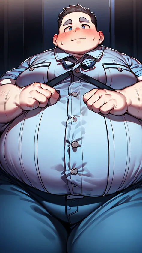 a morbidly obese tall boy, (2 meters), (250 kg), large hanging belly, chubby cheeks, blushing shyly, sweating, small tight butto...