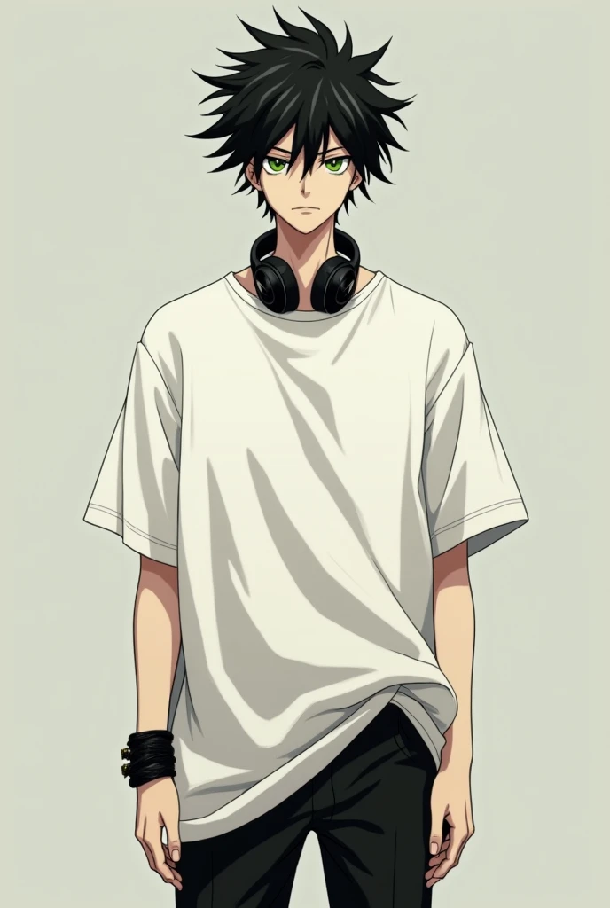 1 Male Dark green eyes.
His hair is black. He has an unusual hairstyle with long strands., sticking out in all directions, which makes it look like a sea urchin.
A tall and slender young man with fair skin.
Wears an oversized white t-shirt, black men&#39;s...