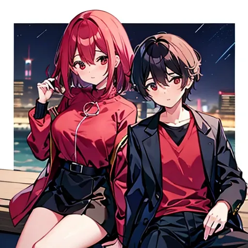 a girl with red eyes and bright hair, red blouse and shirts, green crystal on her chest, sitting next to a boy with short black ...