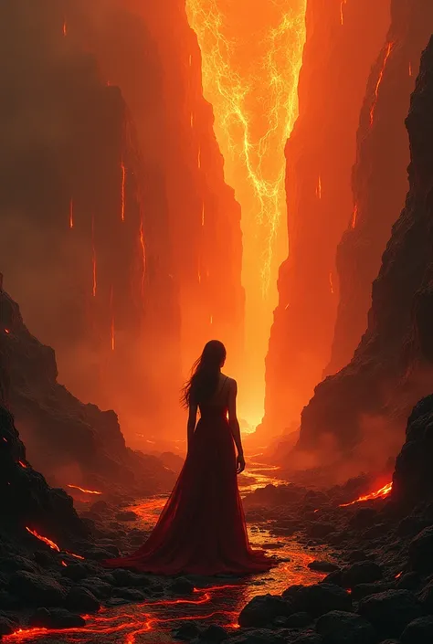 1girl, hellscape, dantes inferno, raining lava, falling lava, molten landscape, intense lighting, dramatic shadows, dark fantasy, cinematic, chiaroscuro, dramatic atmosphere, masterpiece, highly detailed, 8k, photorealistic, volumetric lighting, dynamic co...