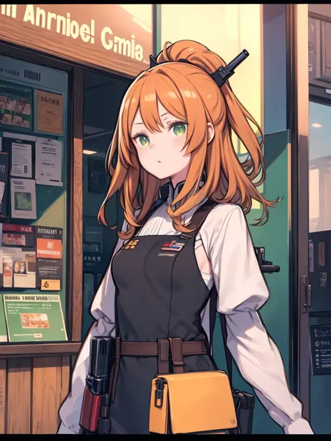 One girl, Springfield, (Girls Frontline), Girls Frontline, Green Eyes, Ginger Hair, pc98, Retro art style, Coffee Shop, so beautiful, Best Quality, 