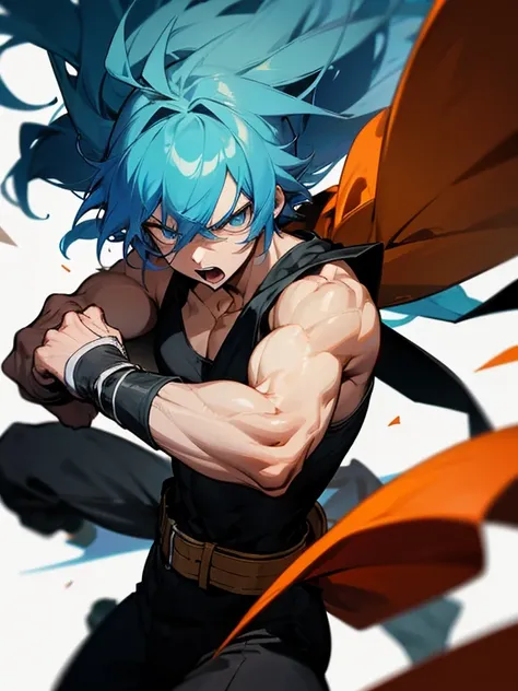 Male anime character fighting sandbag, against the depression , punching fiercely, aura