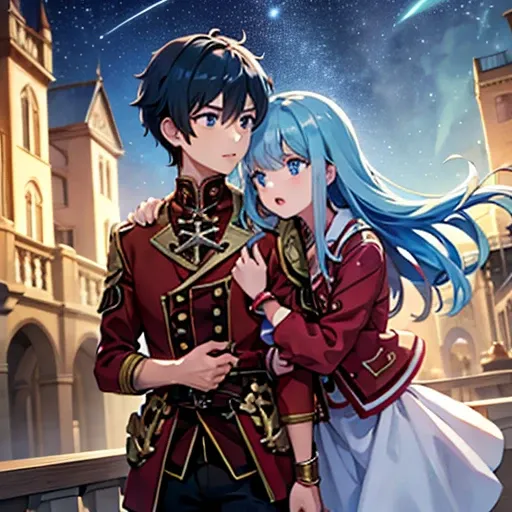 A girl with blue eyes and light blue hair, red blouse with gold plates on her body, pink panties, a gold bracelet and white skirt affectionately kissing a boy with short black hair on the lips, ojos marrones, lentes, red jacket with a night castle behind t...