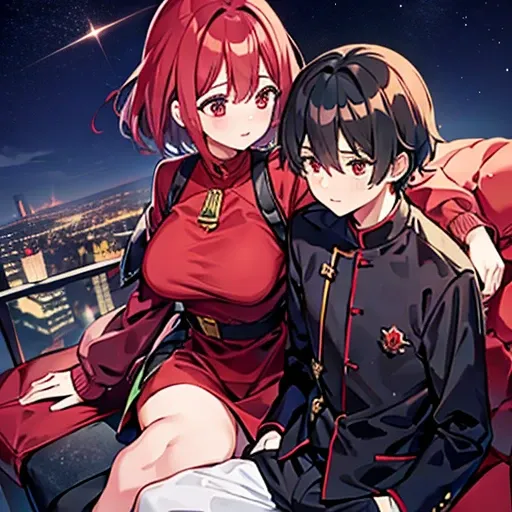 a girl with red eyes and bright hair, red blouse and shirts, green crystal on her chest, sitting next to a boy with short black ...