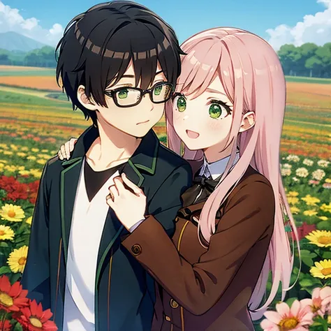 1 boy with black hair, red jacket and glasses romantically kissing a girl with pink hair and green eyes flower field in the background, amor verdadero, mejillas sonrojadas, alta calidad 