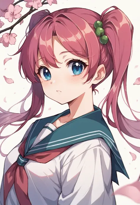 {adult},  girl with blue eyes, two-tone split hair color, wearing a school uniform,, twin tails hairstyle, and be surrounded by sakura petals in a cherry blossom garden