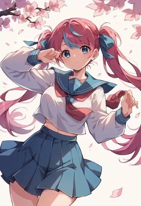 {adult},  girl with blue eyes, two-tone split hair color, wearing a school uniform,, twin tails hairstyle, and be surrounded by sakura petals in a cherry blossom garden