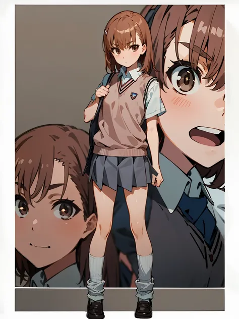  masterpiece,beste Quality, Misaka_mikoto,solo, brown eyess, Short_Hair, Small_Breast, looking at the viewers　Student uniforms, tokiwadai_School_uniform, whiteshirt, Sweater Vest, Gray miniskirt, , White loose socks, shoes, standing、