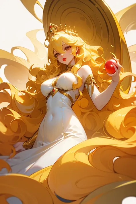  ((wavy yellow hair)), (full red lips) Goddess of Creation, long white dress , details in gold, medium breasts, Long hair, blonde hair, Bangs between the eyes, toys,  divinity of creation, with a queen&#39;s crown.