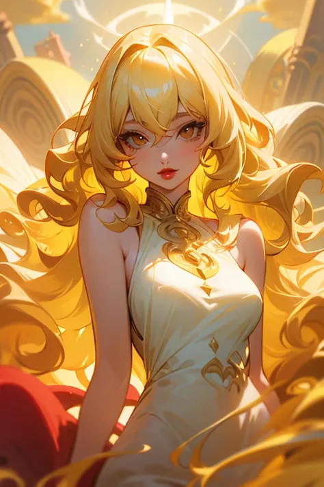 ((wavy yellow hair)), (full red lips) goddess of creation, long white dress , details in gold, medium breasts, long hair, blonde...