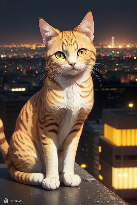 a close up of a yellow cat with black eyes and a city in the background, anime cat.