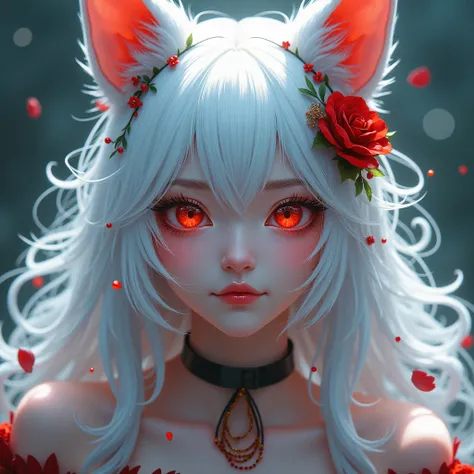 White hair, Shiny hair, I&#39;m floating, I&#39;m coloring it., Red eyes, Masterpiece, details, quality, High resolution model, chest, smile, shill, รอยsmileชั่วร้าย, รอยsmileยั่วยวน, Symmetry, Perspective, Hair accessories, Hair beads, Hair flower, Fox ea...