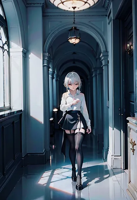 (((1 girl)),ray tracing,(dim lighting),[Detailed background (living room)),((silver hair)),(silver hair)),((Fluffy silver hair, High girl))) Avoid golden eyes in the ominous living room ((((Girl wearing white opaque shirt, Black ruffled skirt with black sh...