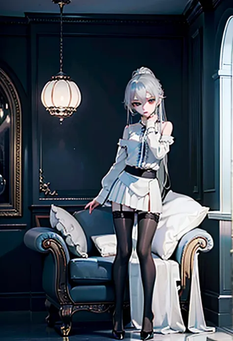 (((1 girl)),ray tracing,(dim lighting),[detailed background (living room)),((silver hair)),(silver hair)),((fluffy silver hair, ...