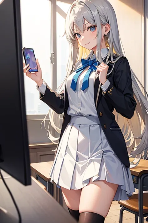 masterpiece, Best Quality, High resolution，Follow the prompts、Anime Style、In anime style、Follow the prompts、Two girls on the screen、Long silver hair and long blonde hair、School Uniform、smile、Hold both sides of the skirt and lift it up